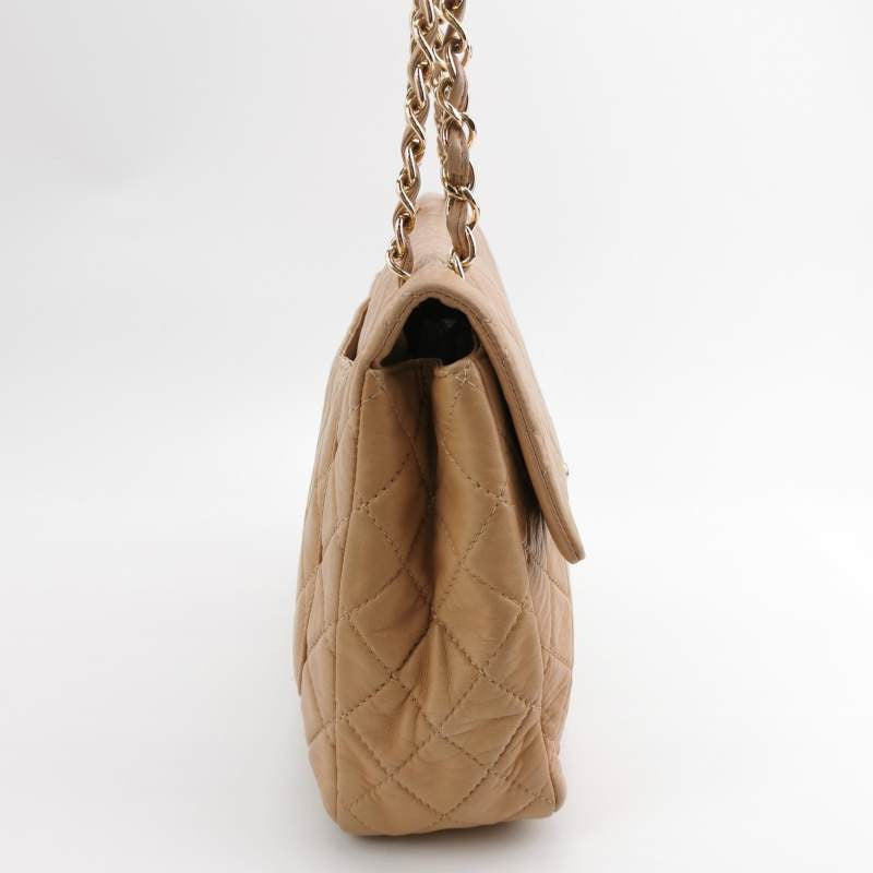 Chanel Classic Flap Maxi Latte Lambskin Giant Gold Beige Leather Handbag