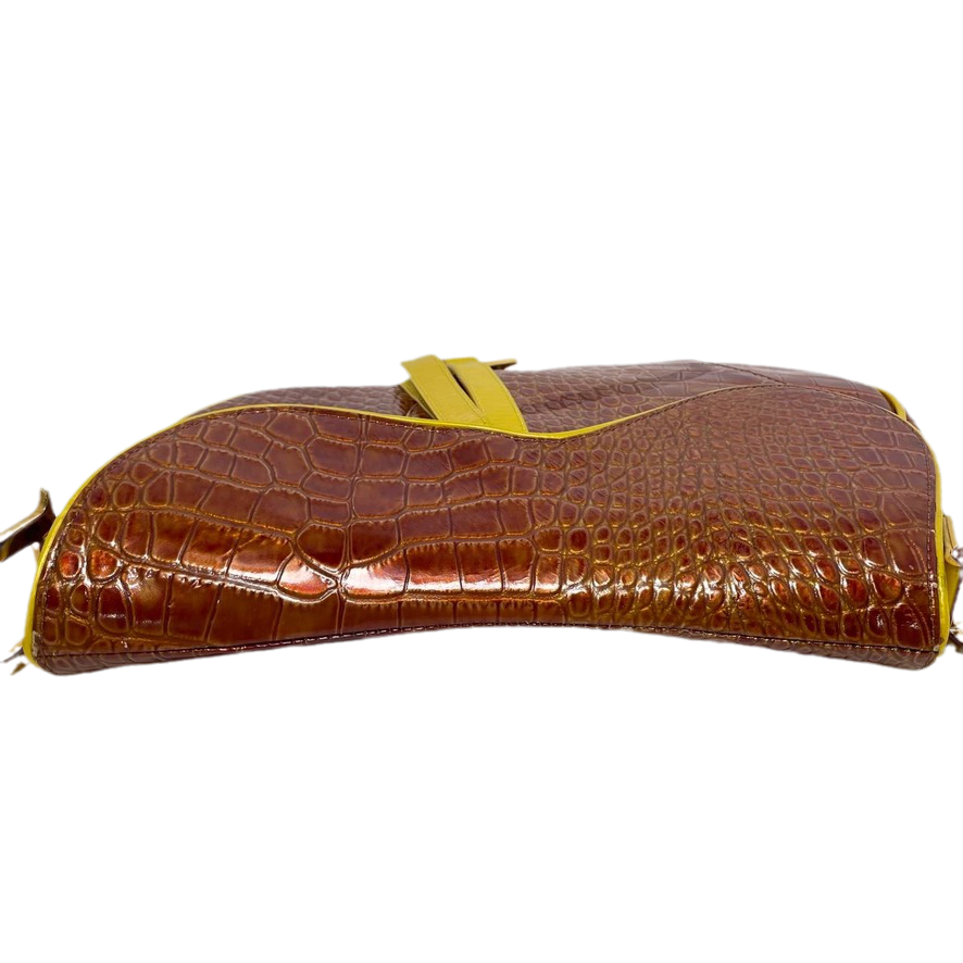 Dior Saddle Crocodile Embossed Handbag Leather Brown Travel Bag
