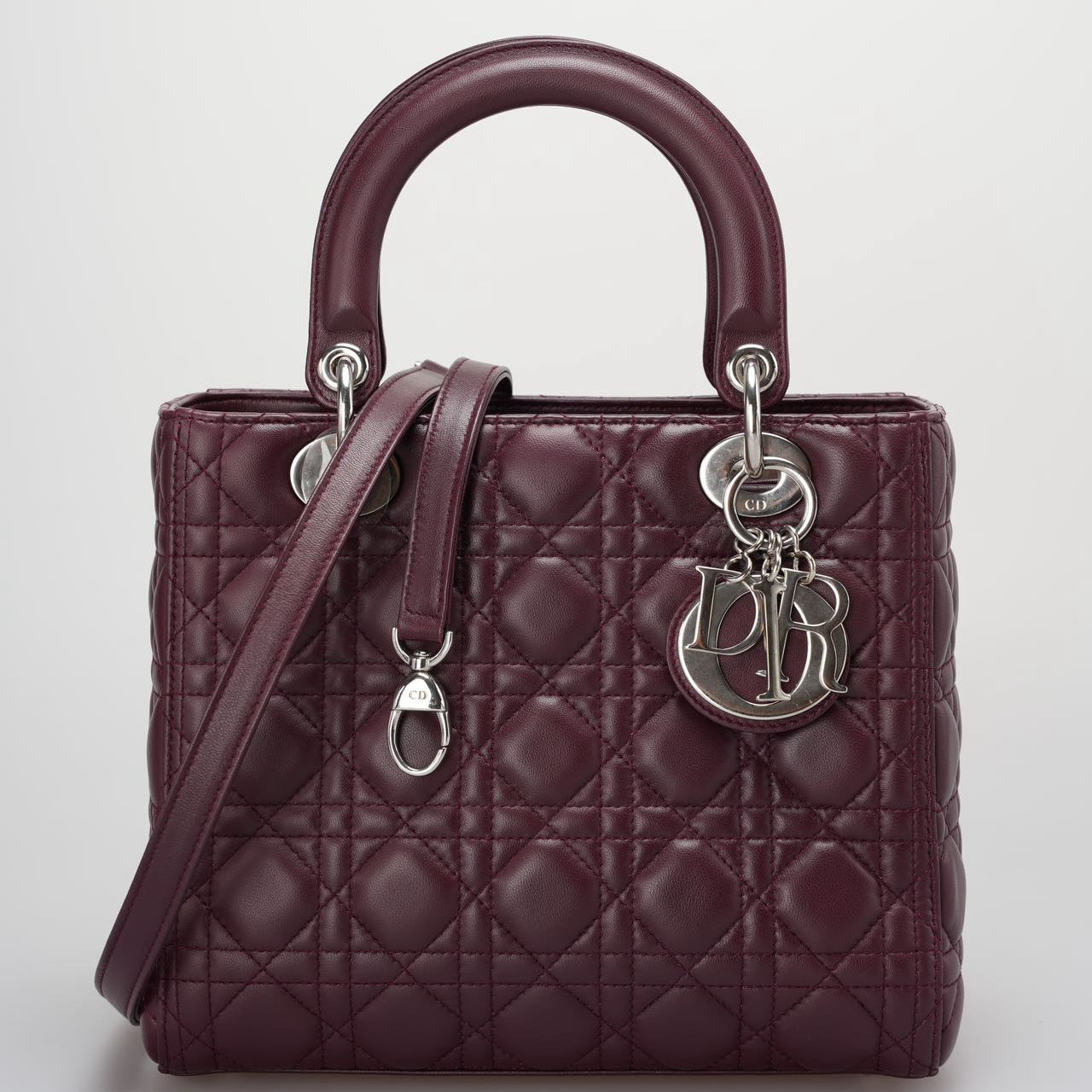 Dior Handbag Christian Burgundy Lady Bag in Cannage with Leather Lambskin Silver