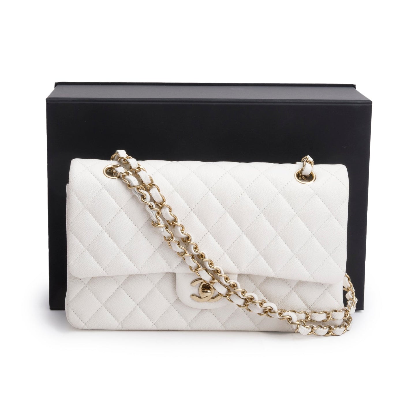 Chanel Quilted Caviar Classic Double Flap Leather White Travel Bag W Box