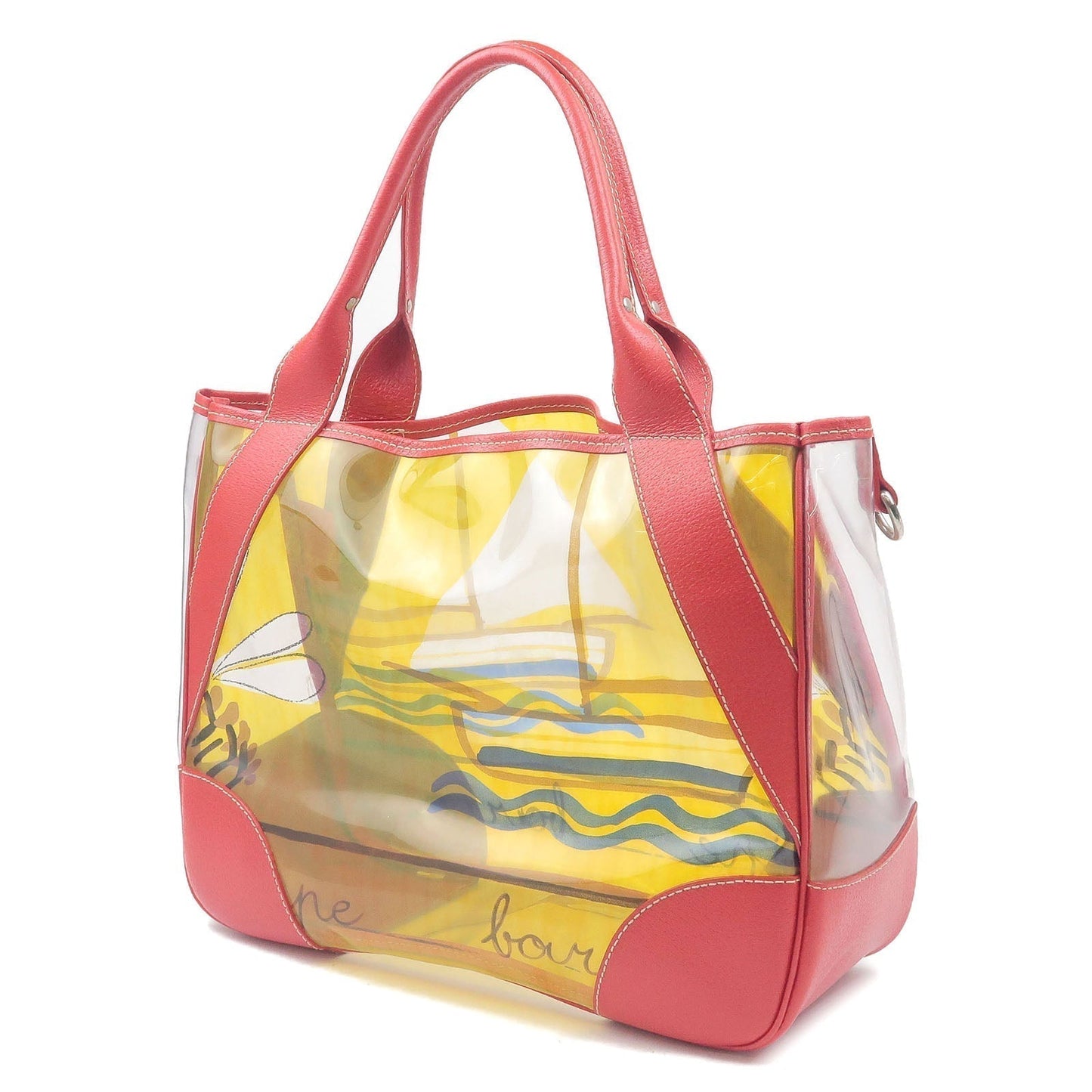 Prada Vinyl Print Tote Bag Beach Bag Clear Leather Red