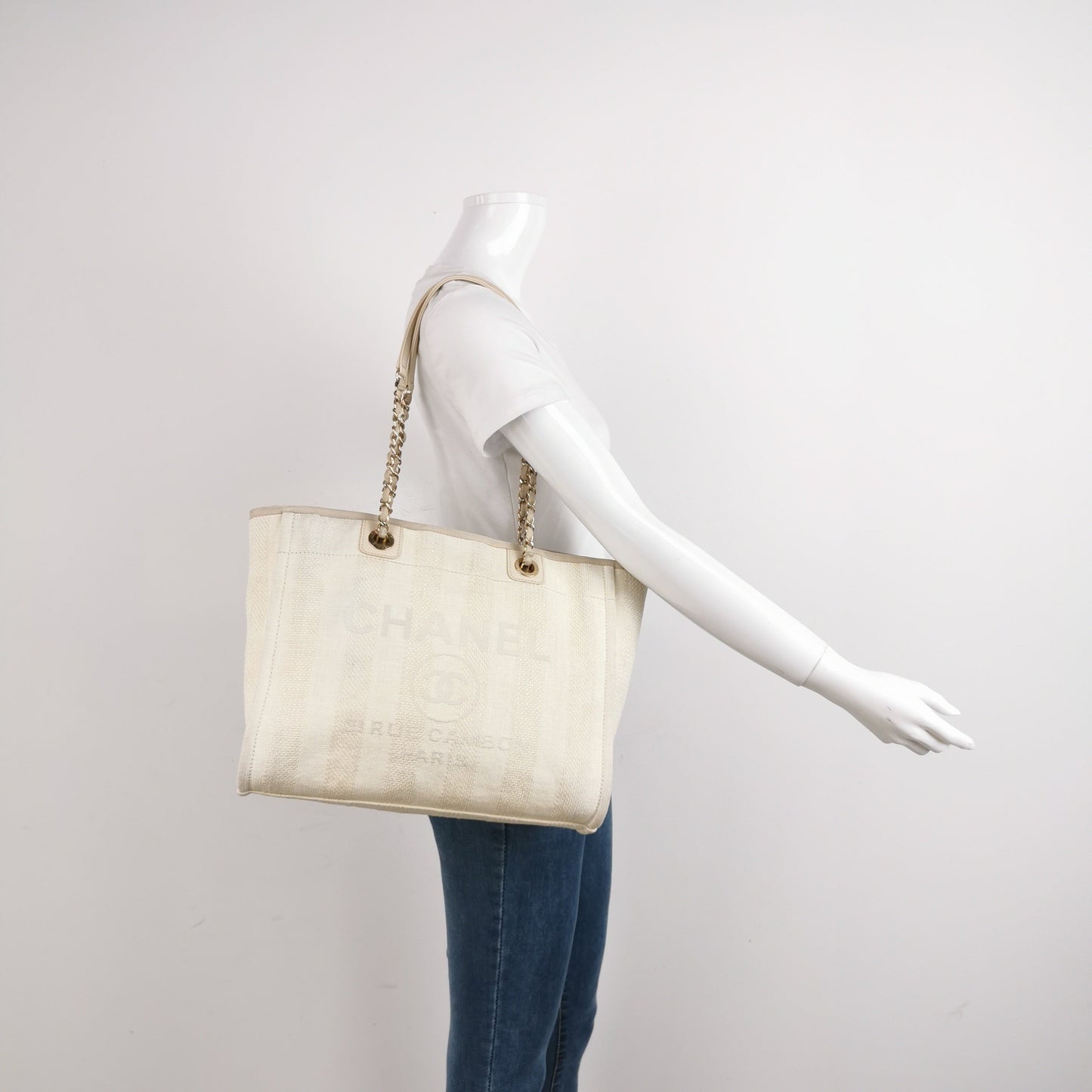 Chanel Deauville Light Stripes Cloth Handle 34cm Beige Small Leather Tote Bag