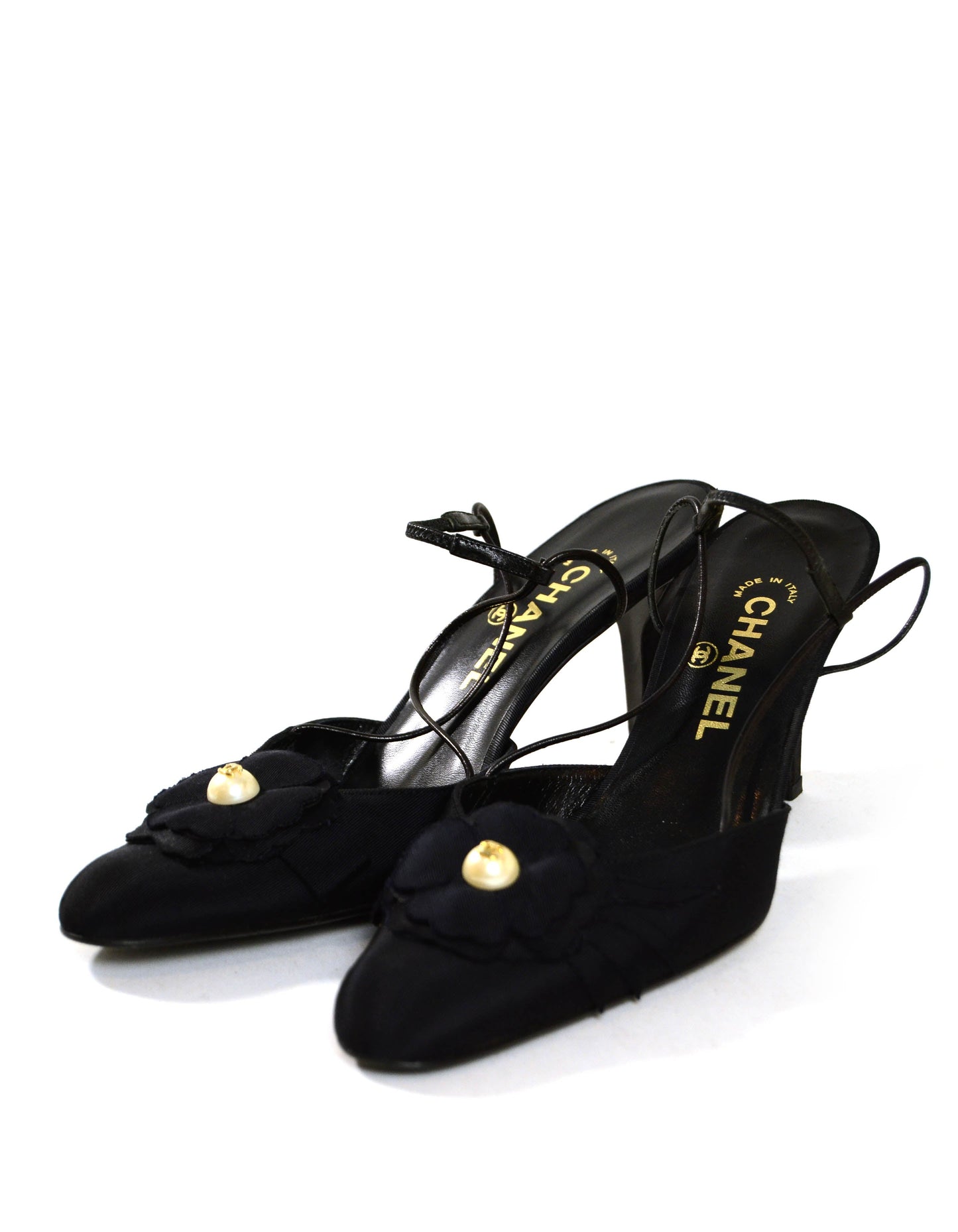 Chanel Black Grosgain Slingbacks with CC Pearl Camellia sz 37.5