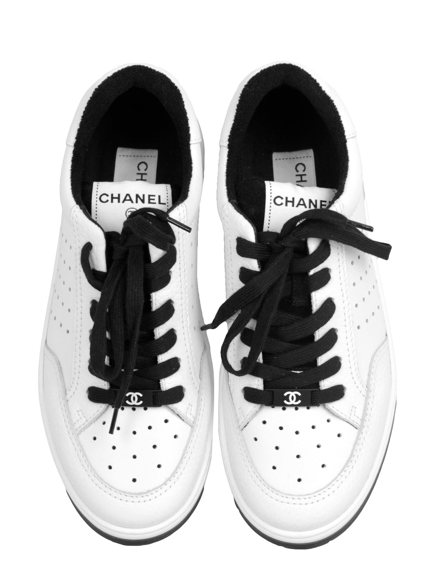 Chanel White/black Leather Logo Sneakers Sz 39 for Women