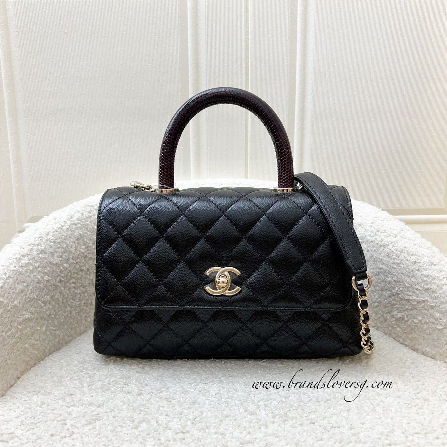 Chanel Small (24CM) Coco Handle in Black Caviar,burgundy Lizard Embossed Calfskin Handle and Lghw ( ) Handbag