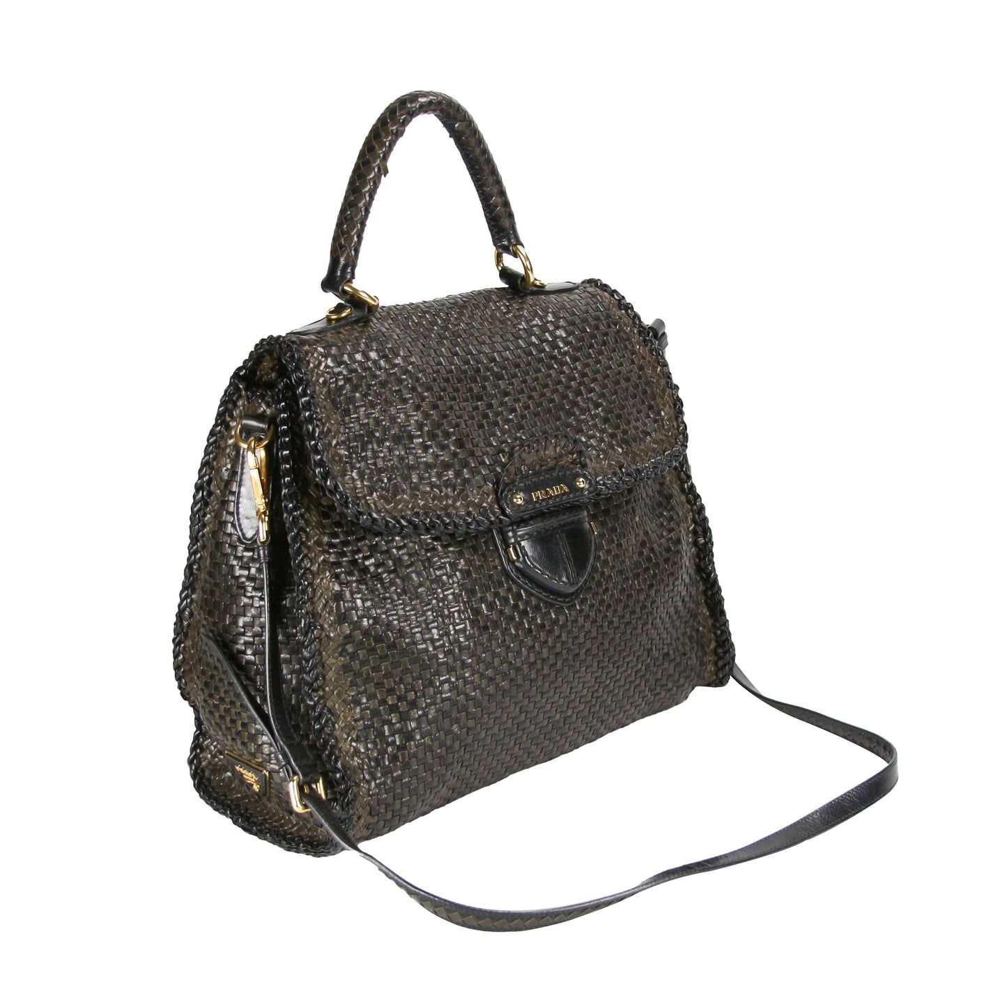 Prada Madras Khaki Goatskin Luxury Handbag Black Woven Travel Bag