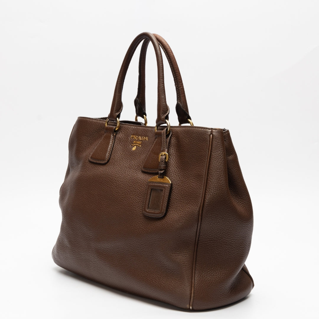 Prada Daino Shopper Tote Leather Vitello Brown Tote Bag
