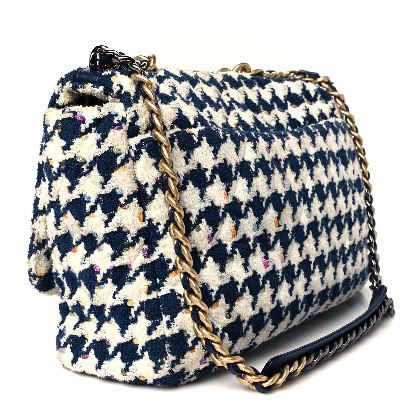 Chanel Tweed Quilted Maxi 19 Flap Ecru Navy Blue Multicolor Bag