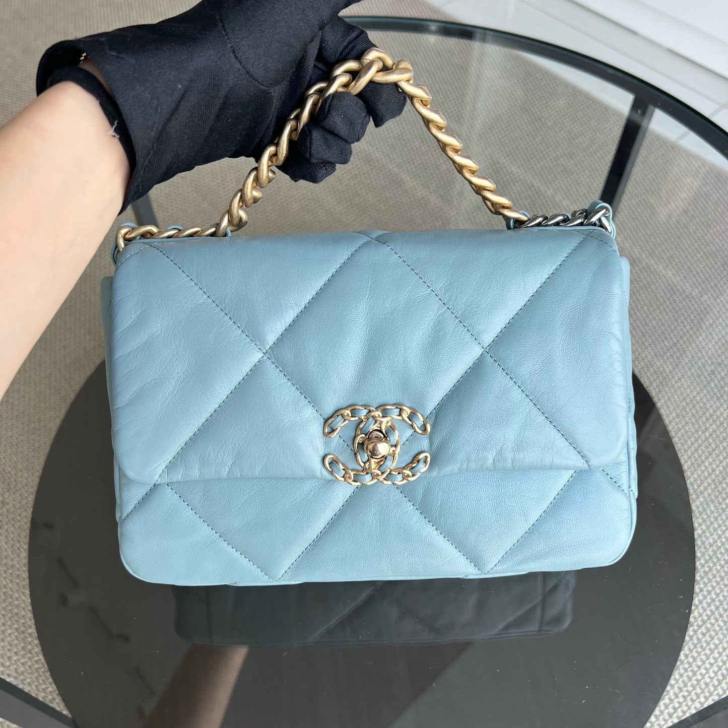 Chanel 19 Bag Goatskin Light Two-Tone Hardware Series Quilted Blue Handbag