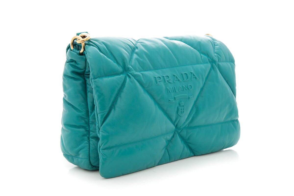 Prada Teal Puffed Patchwork Handbag With Strap Leather Gold Travel Bag