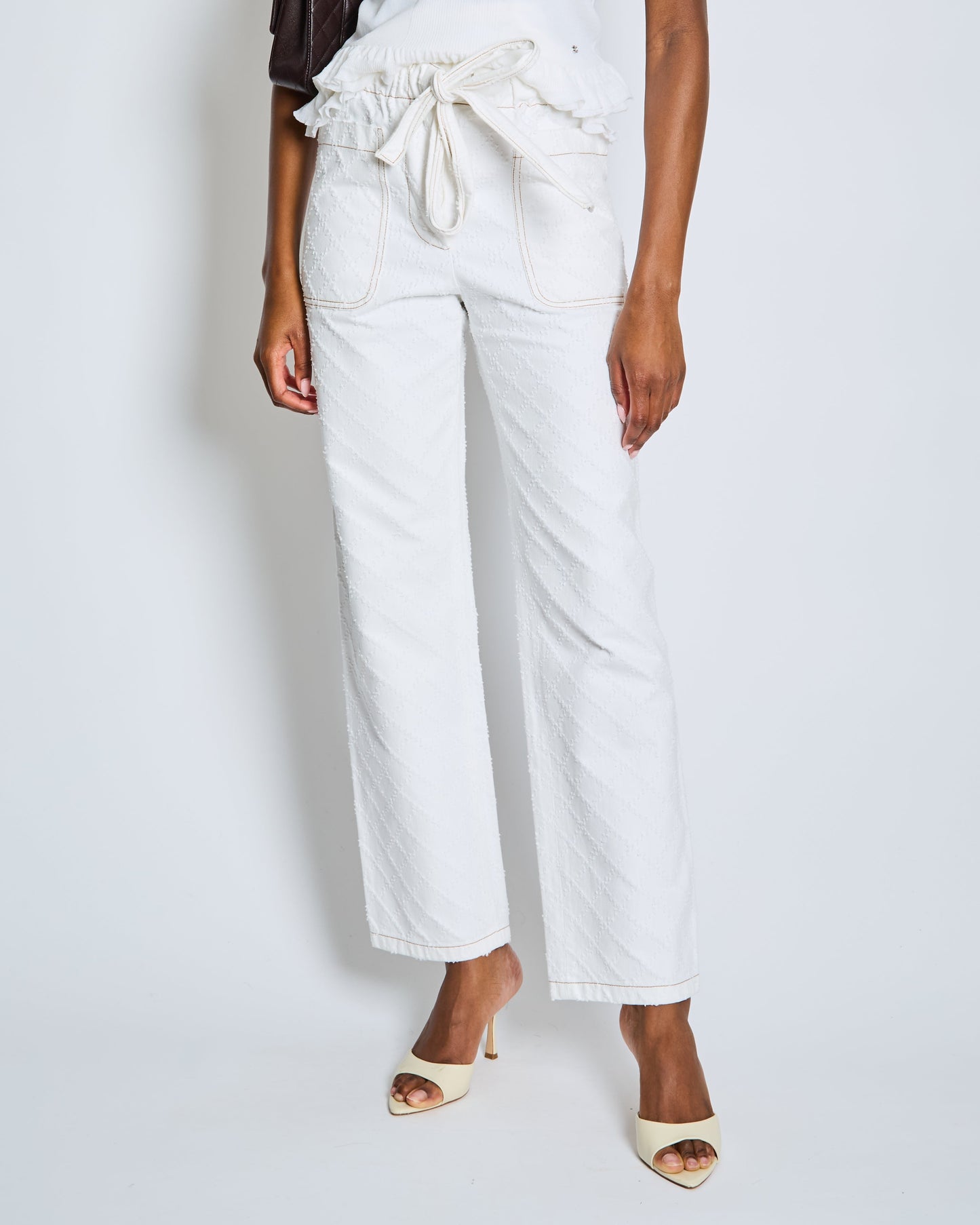 Chanel White Quilted Straight Leg Jeans with Brown Accents and Waist Ties and 31 Rue Cambon CC Logo Detail Size FR 34 (UK 6)