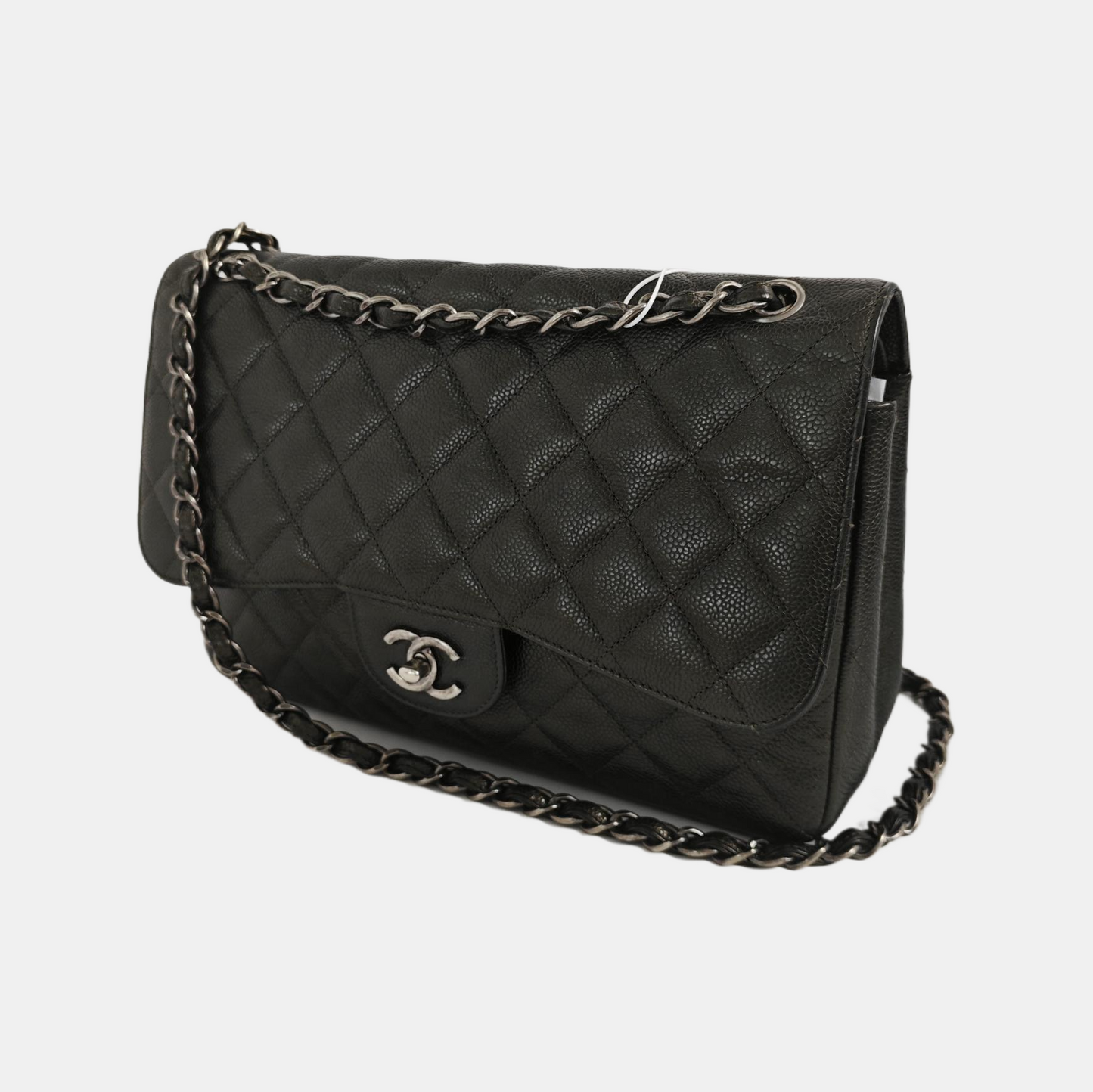 Chanel Classic Flap Jumbo Dark Caviar Double Green Silver Leather Handbag