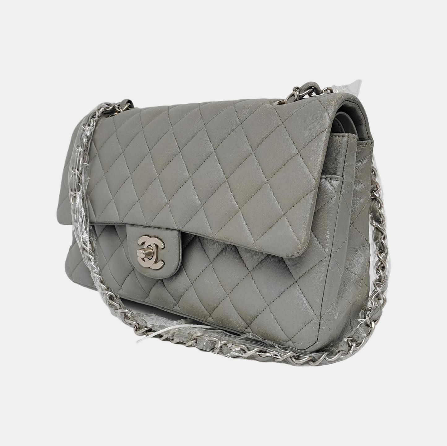 Chanel Timeless Classic Flap Lambskin Hardware Silver Grey Leather Handbag