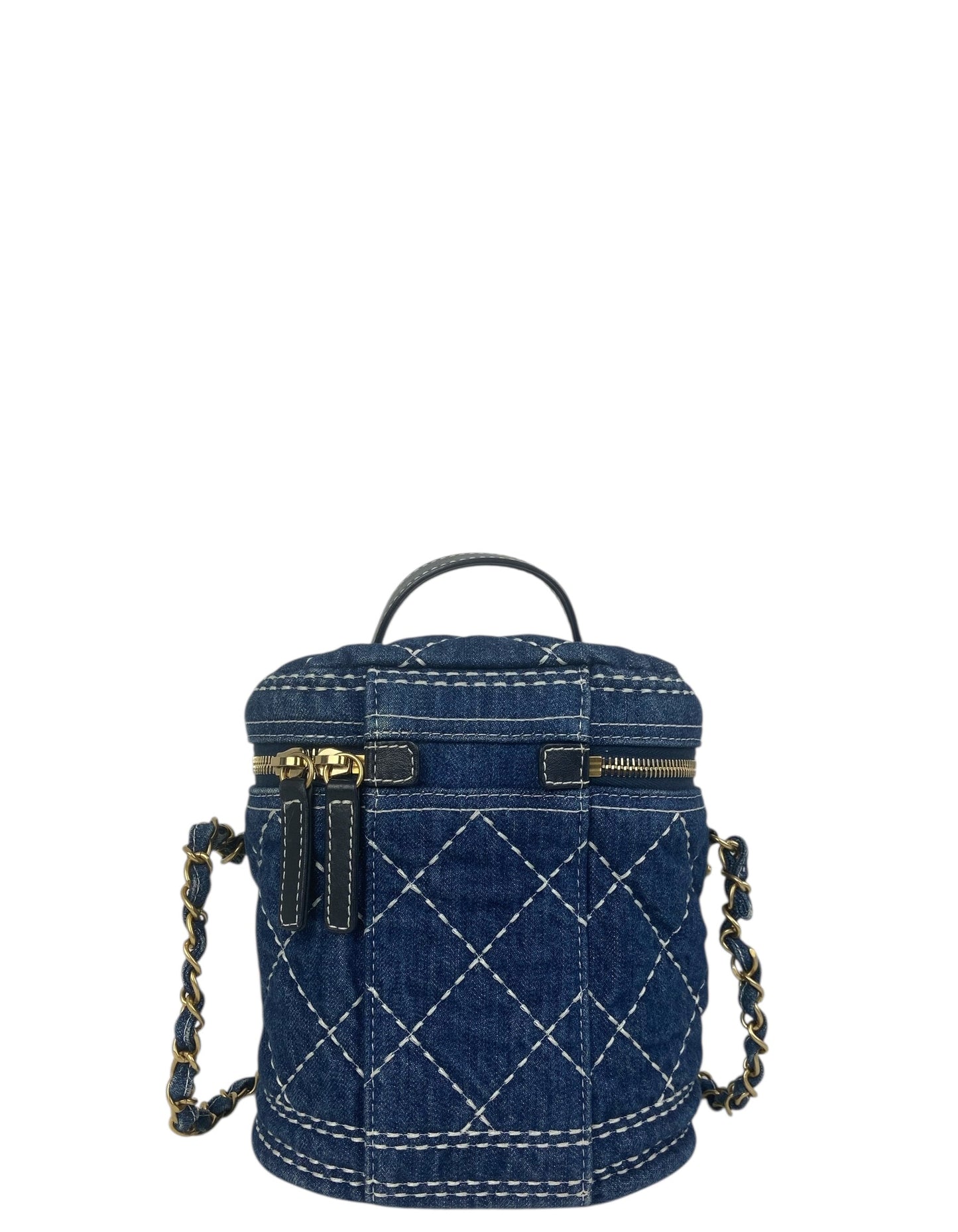 Chanel Denim Quilted CC Vanity Case W/ Strap Handbag