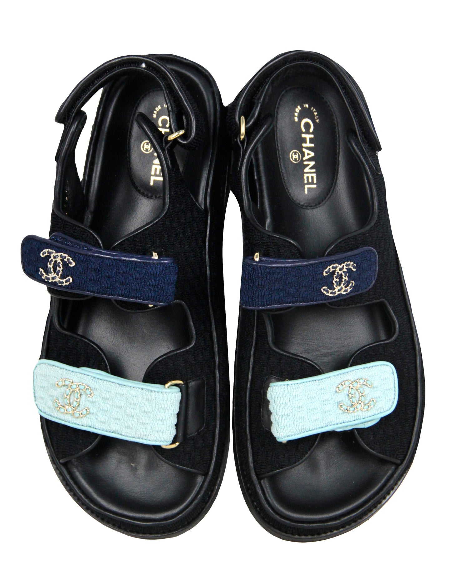 Chanel Light/dark Blue Knit Fabric Velcro Dad Sandals Sz 38 for Women