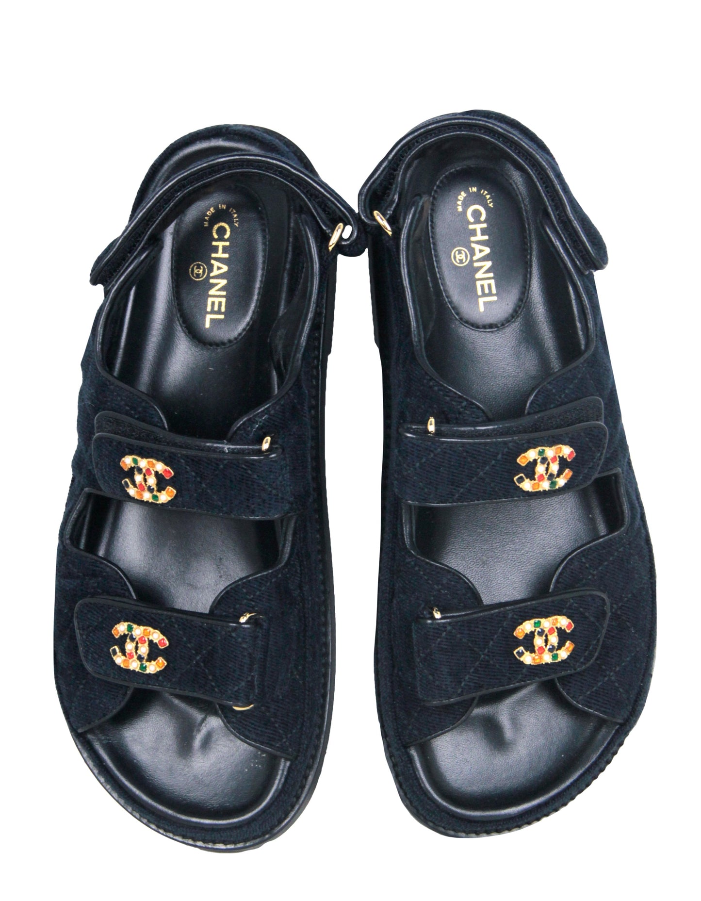 Chanel Navy Blue Velvet Velcro Dad Sandals Sz 38