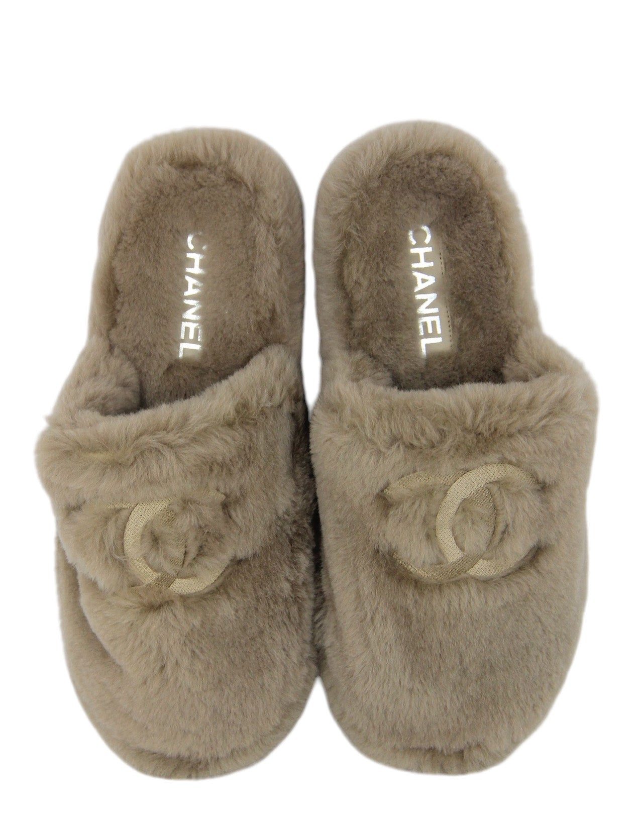 Chanel New Shearling Logo Slippers W/ Case Sz 39 for Women