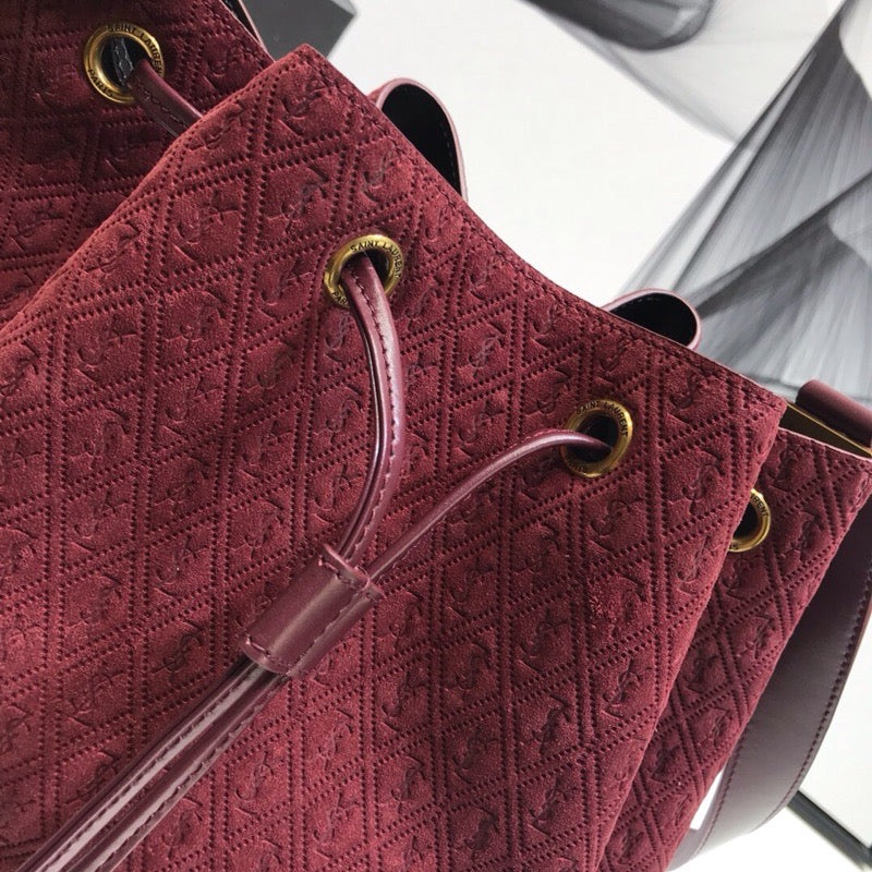 YSL Saint Laurent All-Over Burgundy 10.5in 27cm Monogram Bucket Bag