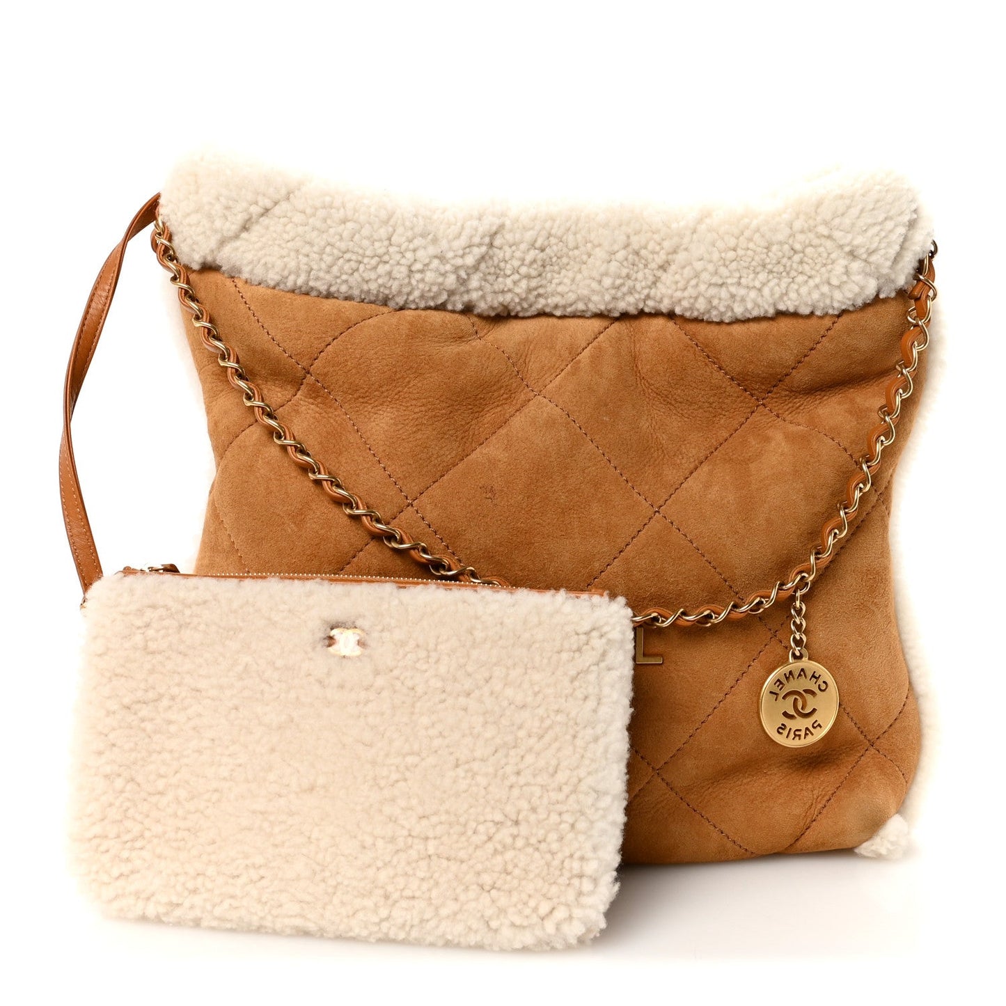 Chanel Suede Shearling Quilted Small 22 Brown White Bag