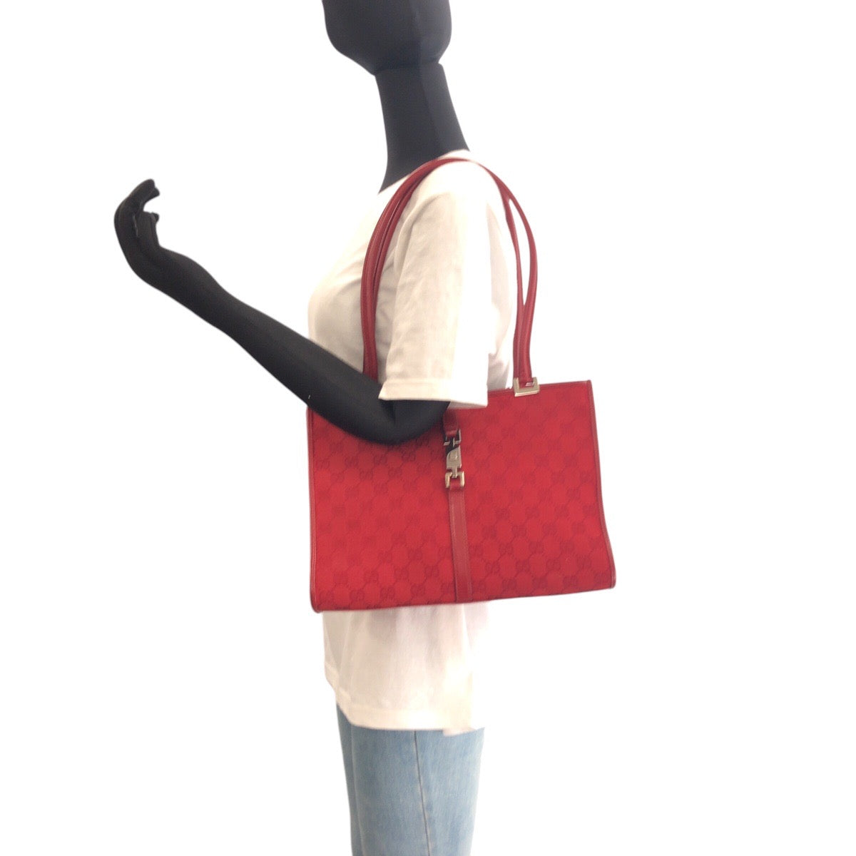 Gucci 002 GG , Metal Jackie Leather Canvas Red Silver Shoulder Bag