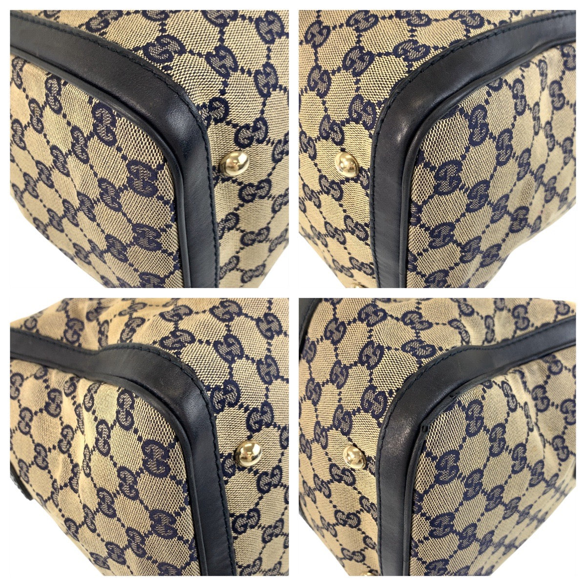 Gucci GG Gray 2way Sherry line Leather Canvas Gold Navy Shoulder Bag