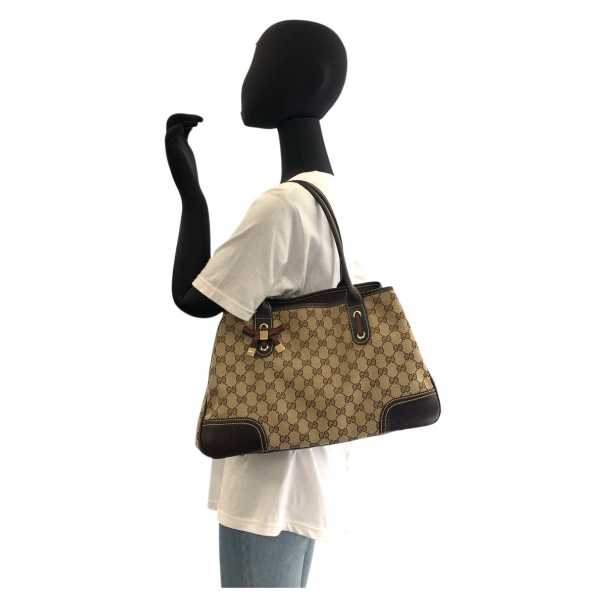 Gucci GG , Gold Metal Prince Leather Canvas Brown Beige Shoulder Bag