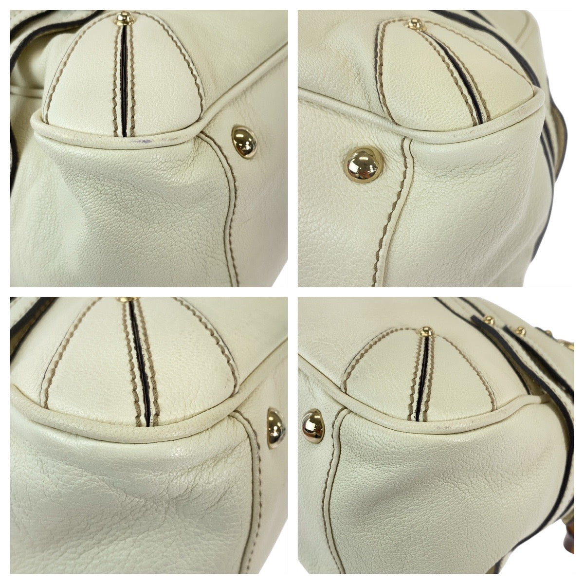 Gucci GoldMetal Bamboo Horsebit Leather White Shoulder Bag