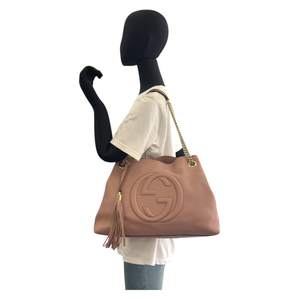 Gucci Metal ChainShoulder Soho Leather Beige Pink Gold Shoulder Bag