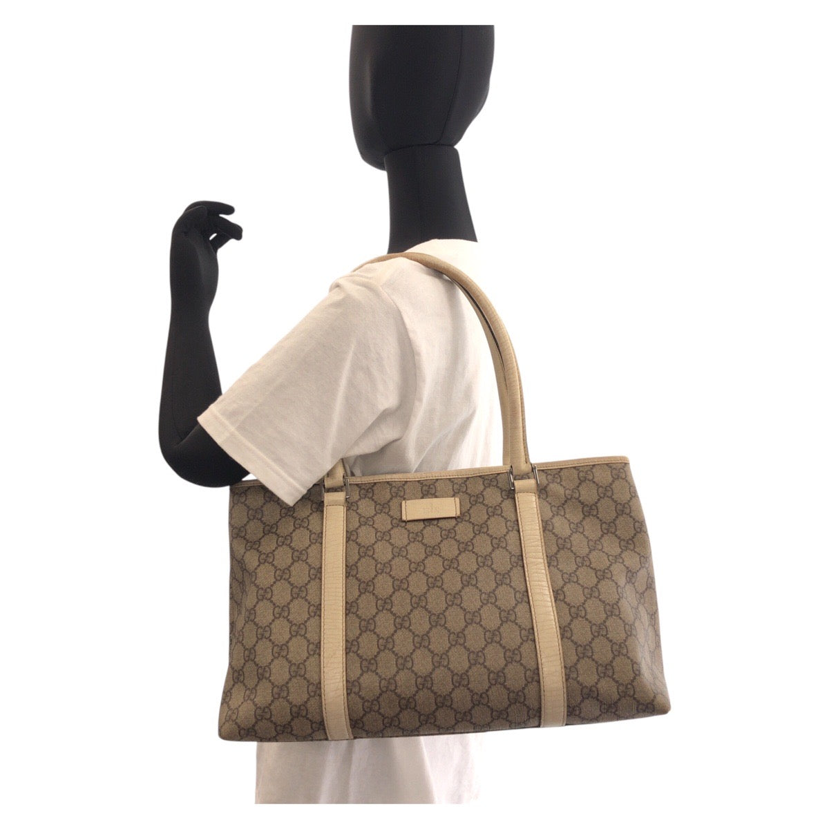 Gucci GG Leather Canvas White Beige Shoulder Bag