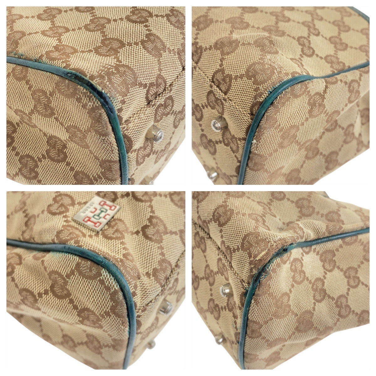 Gucci GG SilverMetal Sherry line Canvas Beige Green Tote Bag