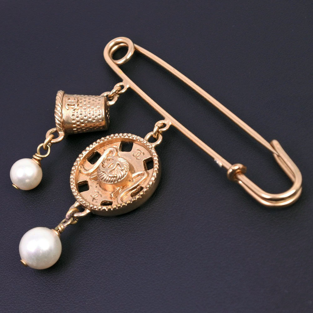 Chanel Brooch Plated Faux Pearl COCO Mark Gold Handbag