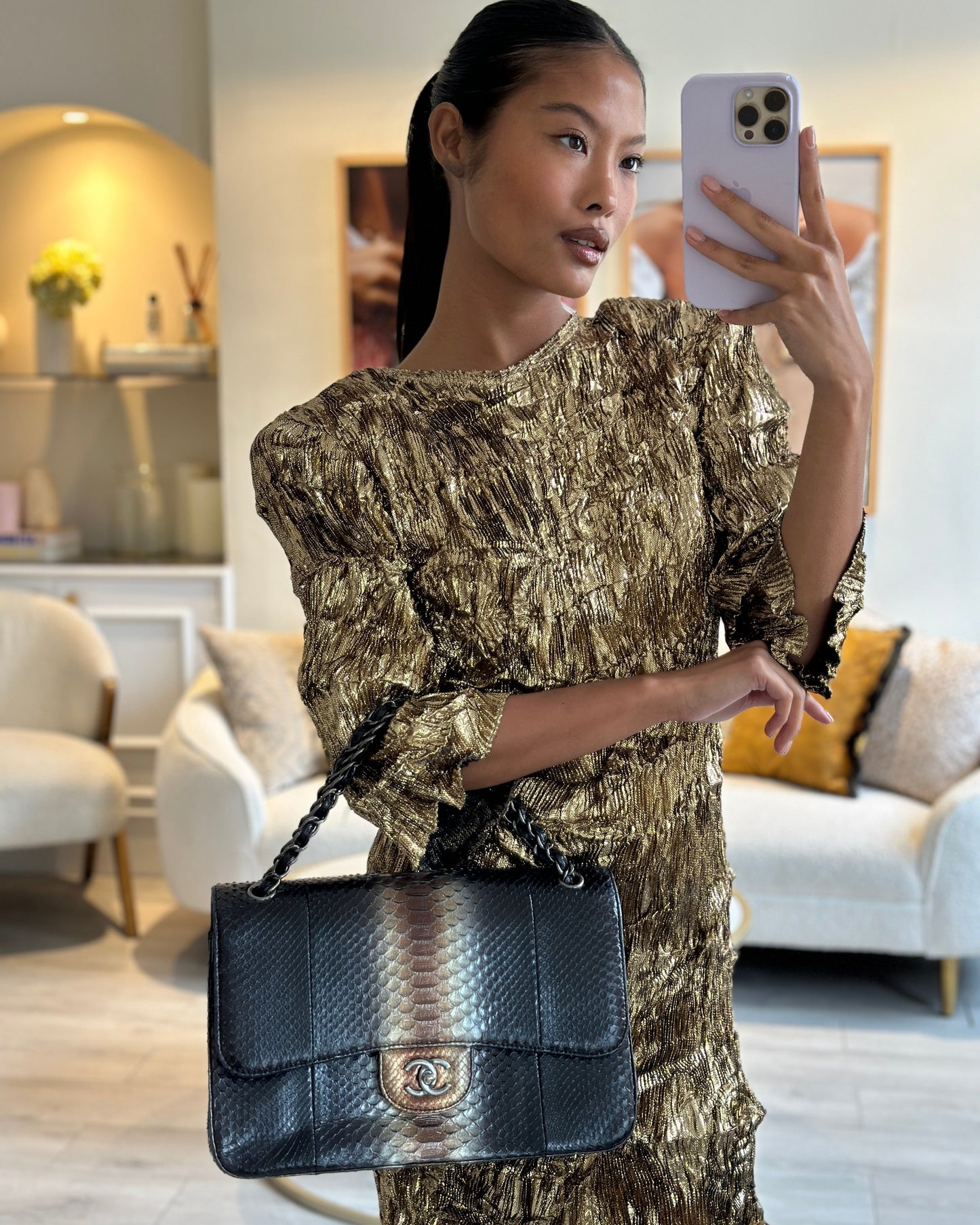 Chanel Black And Brown Python Leather Jumbo Classic Double Flap Bag With Gunmetal Hardware