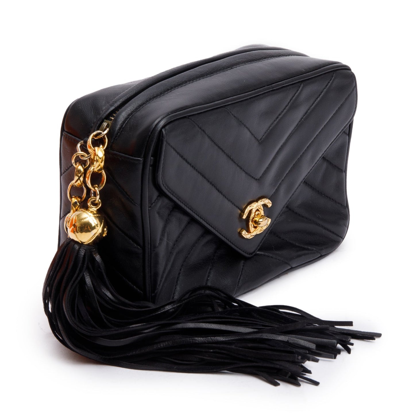 Chanel Chevron CC Tassel Bijoux Camera Leather Lambskin Black Travel Bag