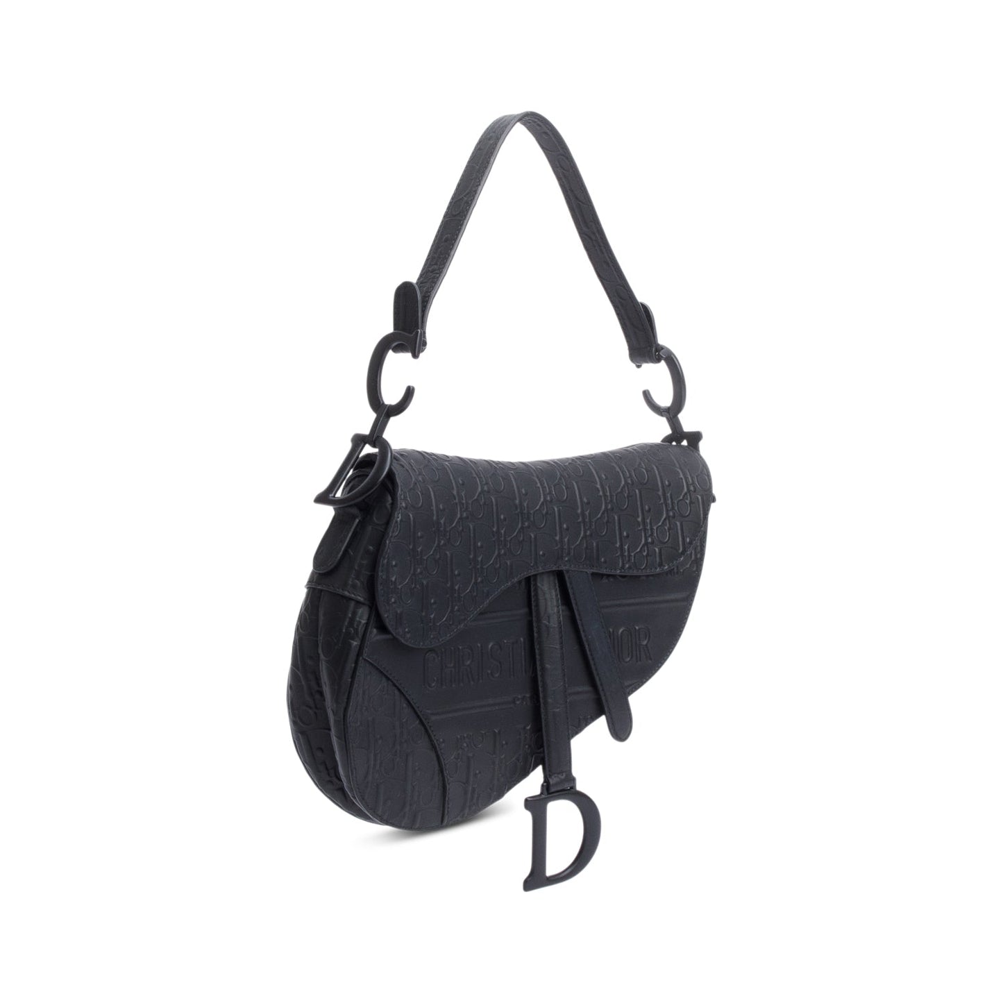 Dior Christian Oblique Embossed Calfskin Saddle Bag Leather Black Travel Bag
