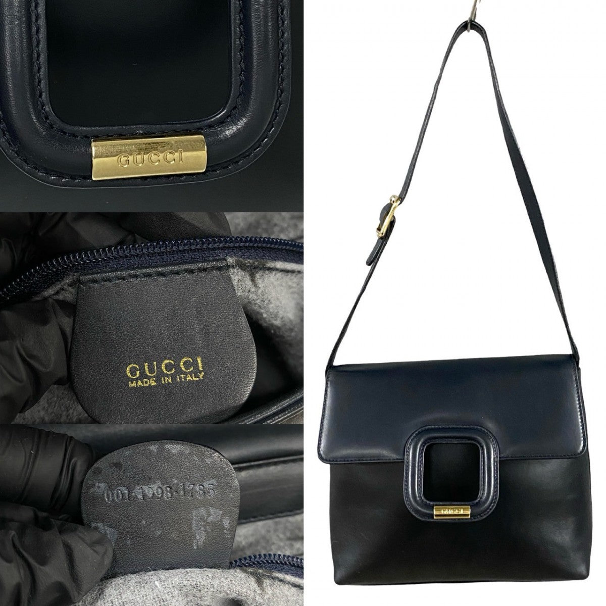 Gucci Metal Leather Navy Logo Shoulder Bag
