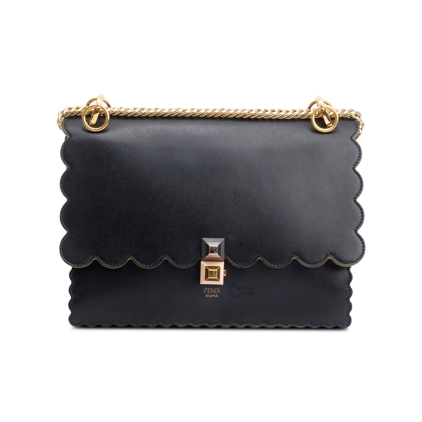 Fendi Calfskin Kan Scallop Shoulder Bag Leather Black