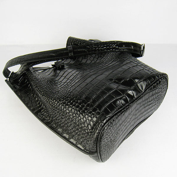 Hermes Luxury Crocodile Vein Shoulder Bag Black Silver