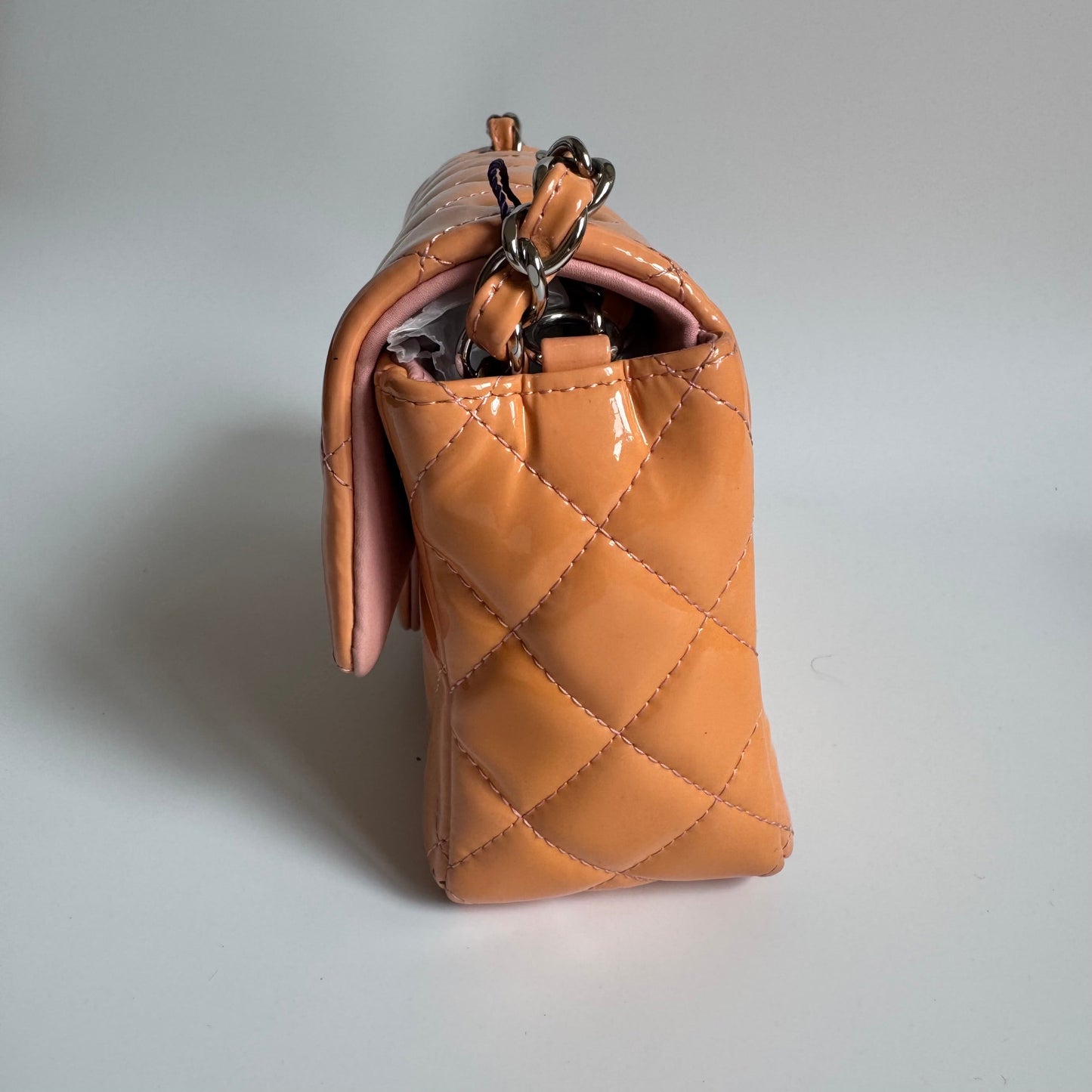 Chanel Classic Flap Rectangular Coral Patent HW Silver Orange Leather Mini Bag