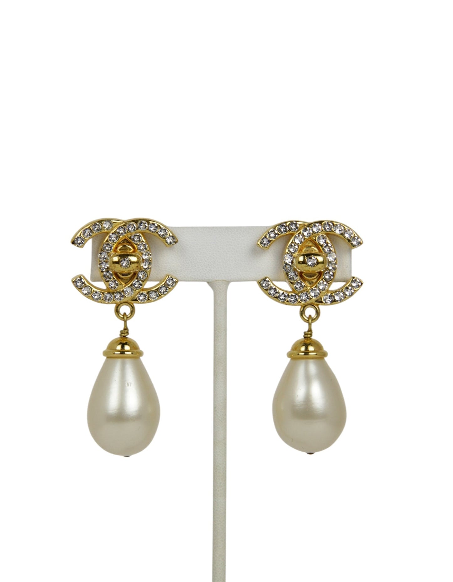 Chanel Crystal CC & Pearl Hanging Clip Earrings