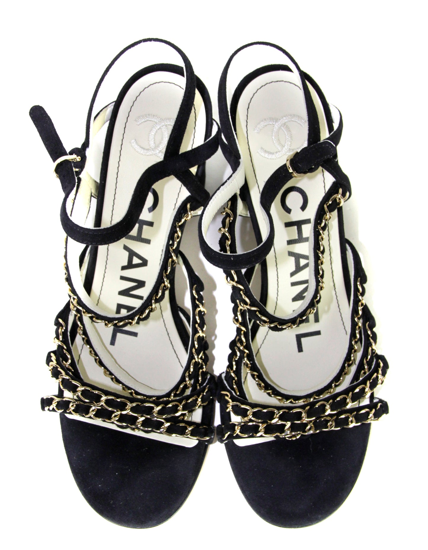 Chanel Black Kid Suede Chain Sandals sz 38.5