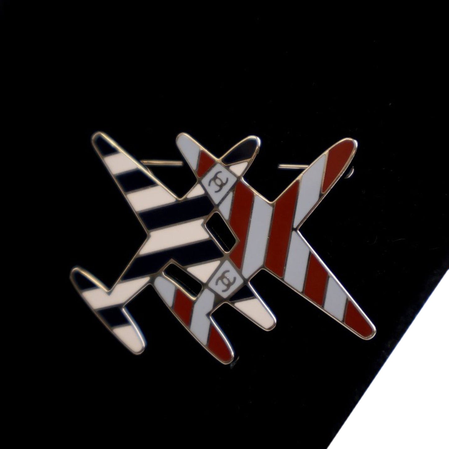 White Chanel Enamel CC Striped Airplane Brooch