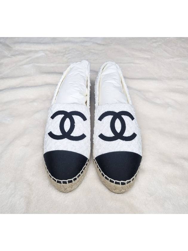 CC Logo Cotton Tweed Grosgrain Espadrilles Black White Chanel