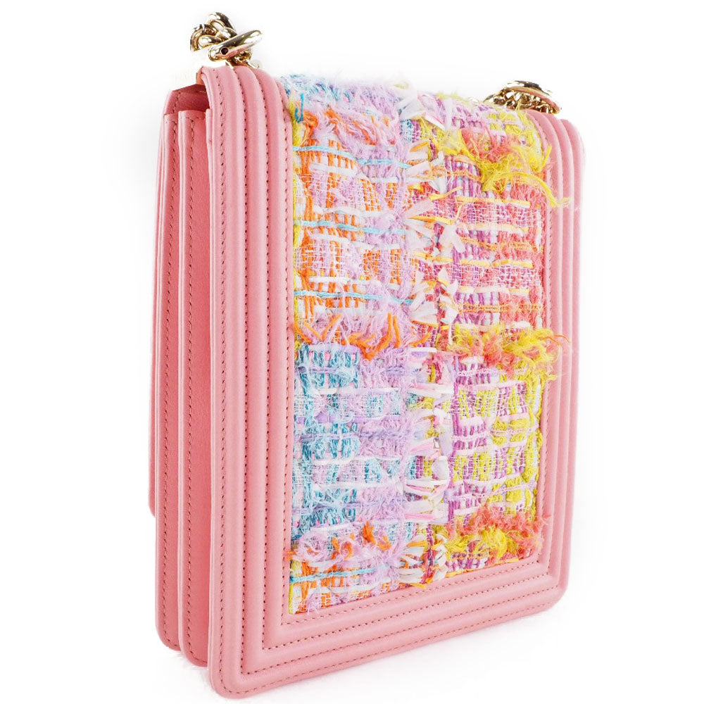 Chanel Tweed Lambskin COCO Mark Boy ChainShoulder Pink Shoulder Bag