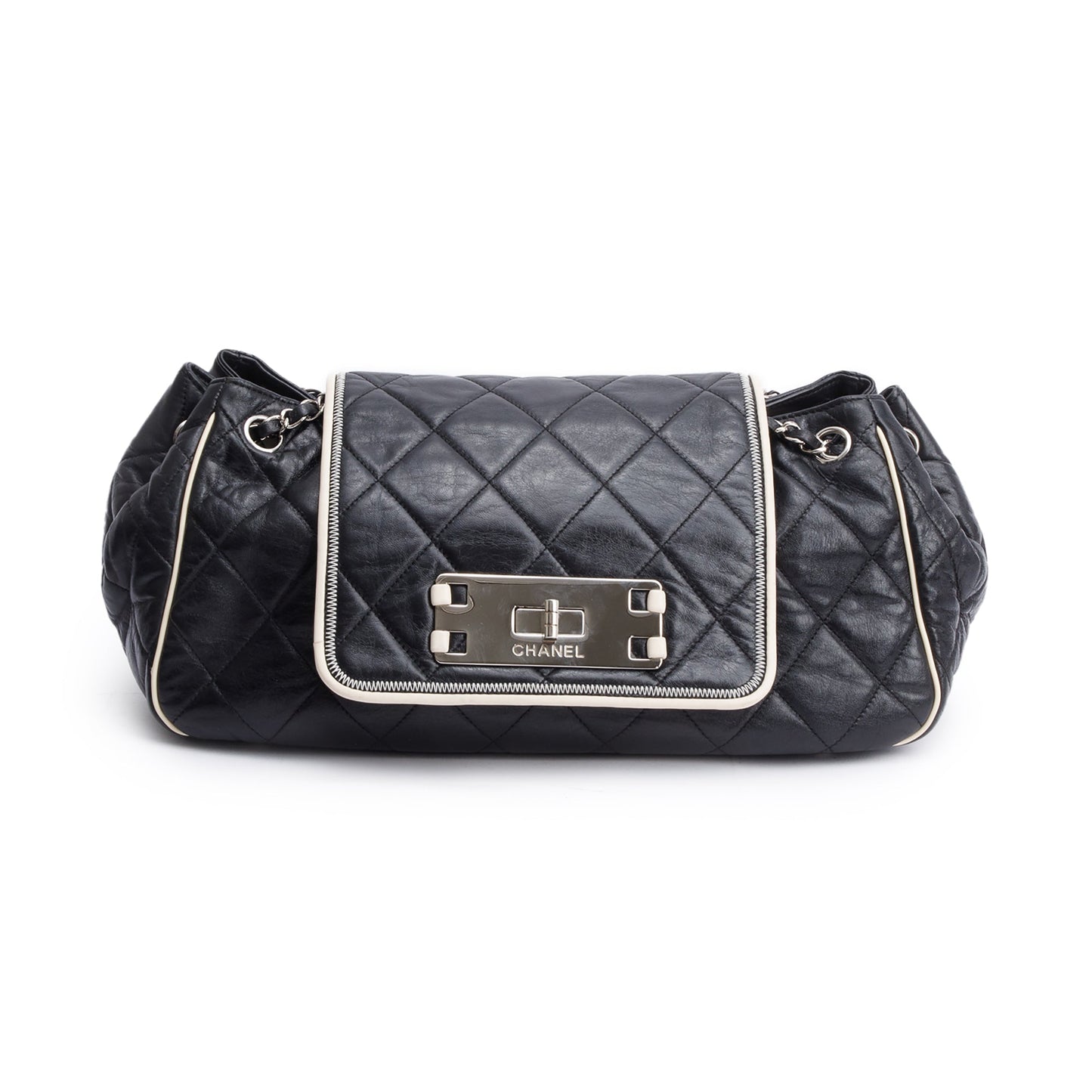 Chanel Quilted East West Mademoiselle Accordion Leather Calfskin Black Travel Bag