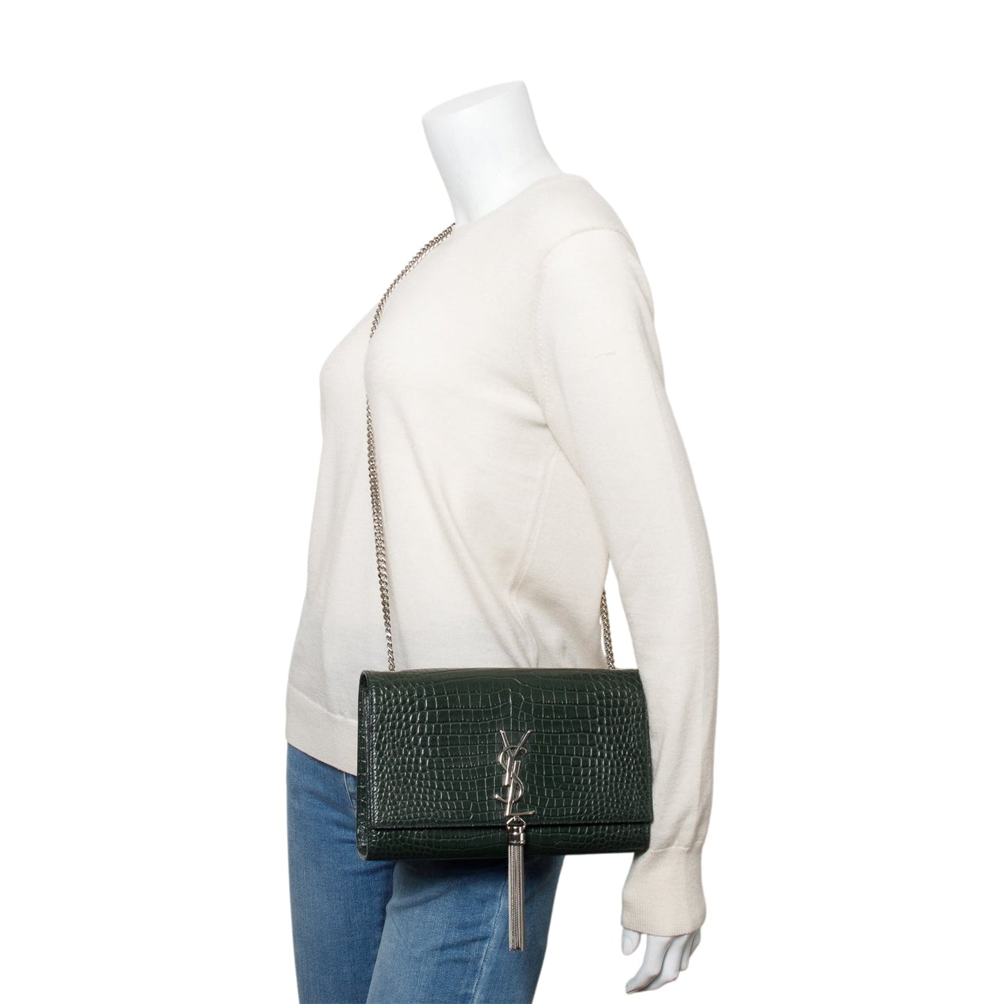 YSL Saint Laurent Crocodile Embossed Medium Classic Kate Tassel Chain Leather Monogram Travel Bag