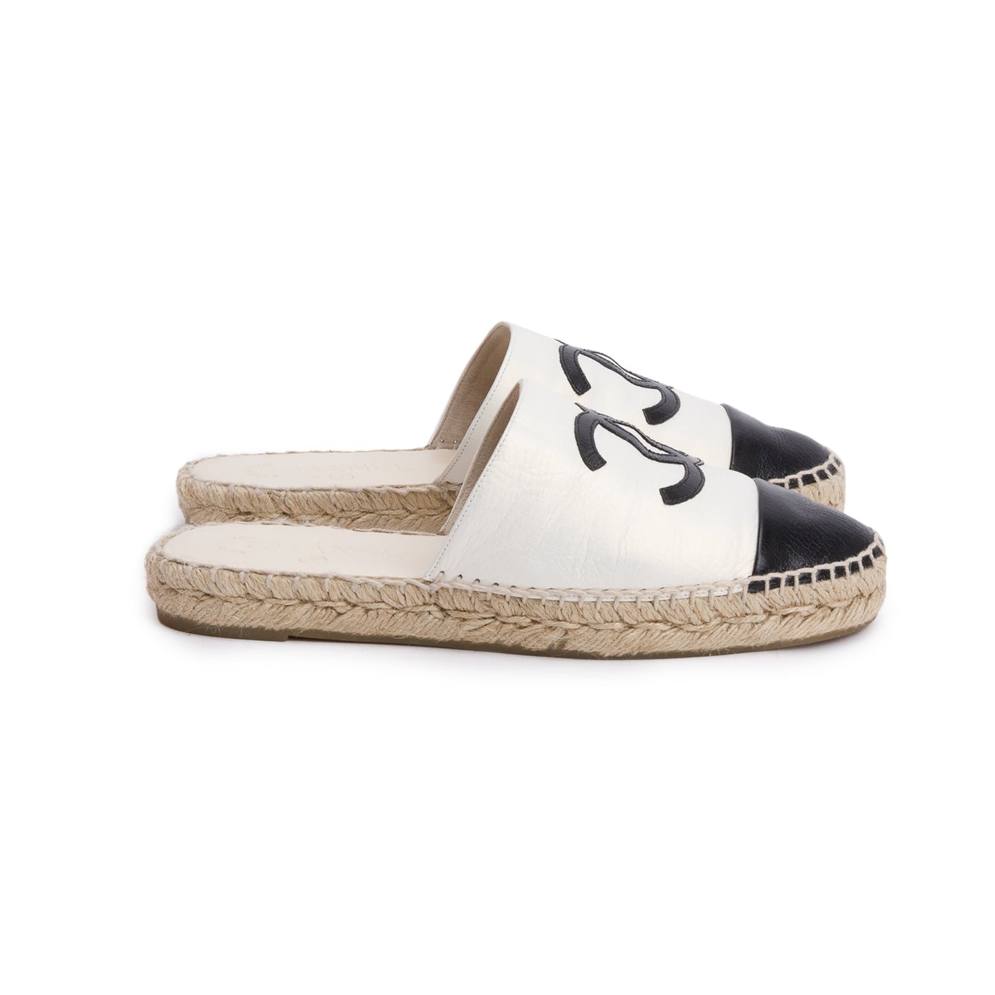 Chanel CC Logo Espadrille Mule Leather Black White Shoes