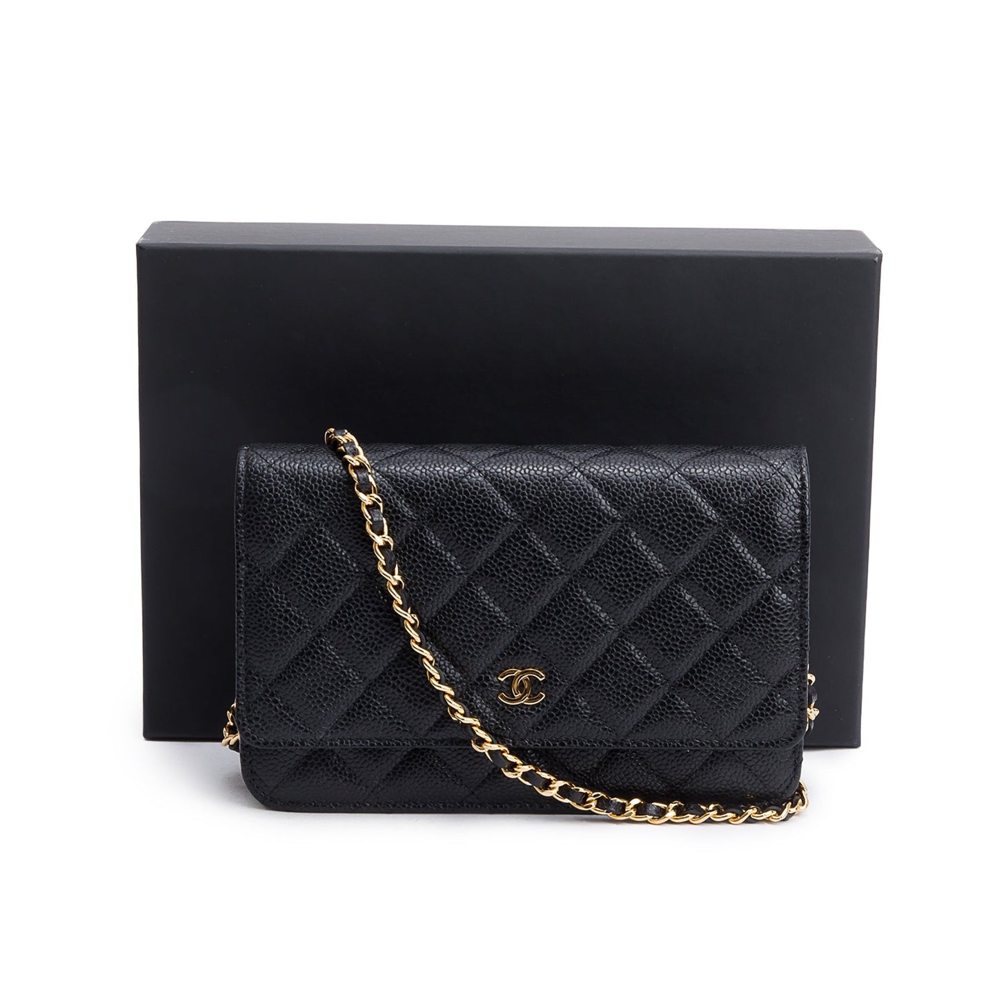 Chanel Quilted Caviar Classic on Leather Black Wallet Case Box Receipt