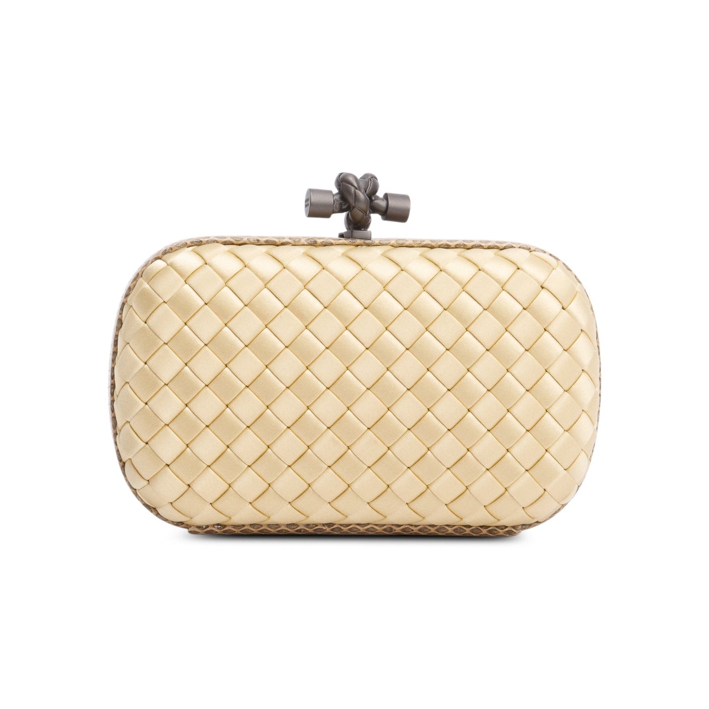 Bottega Veneta Snakeskin Trimmed Intrecciato Knot Clutch Satin Gold Clutch Bag