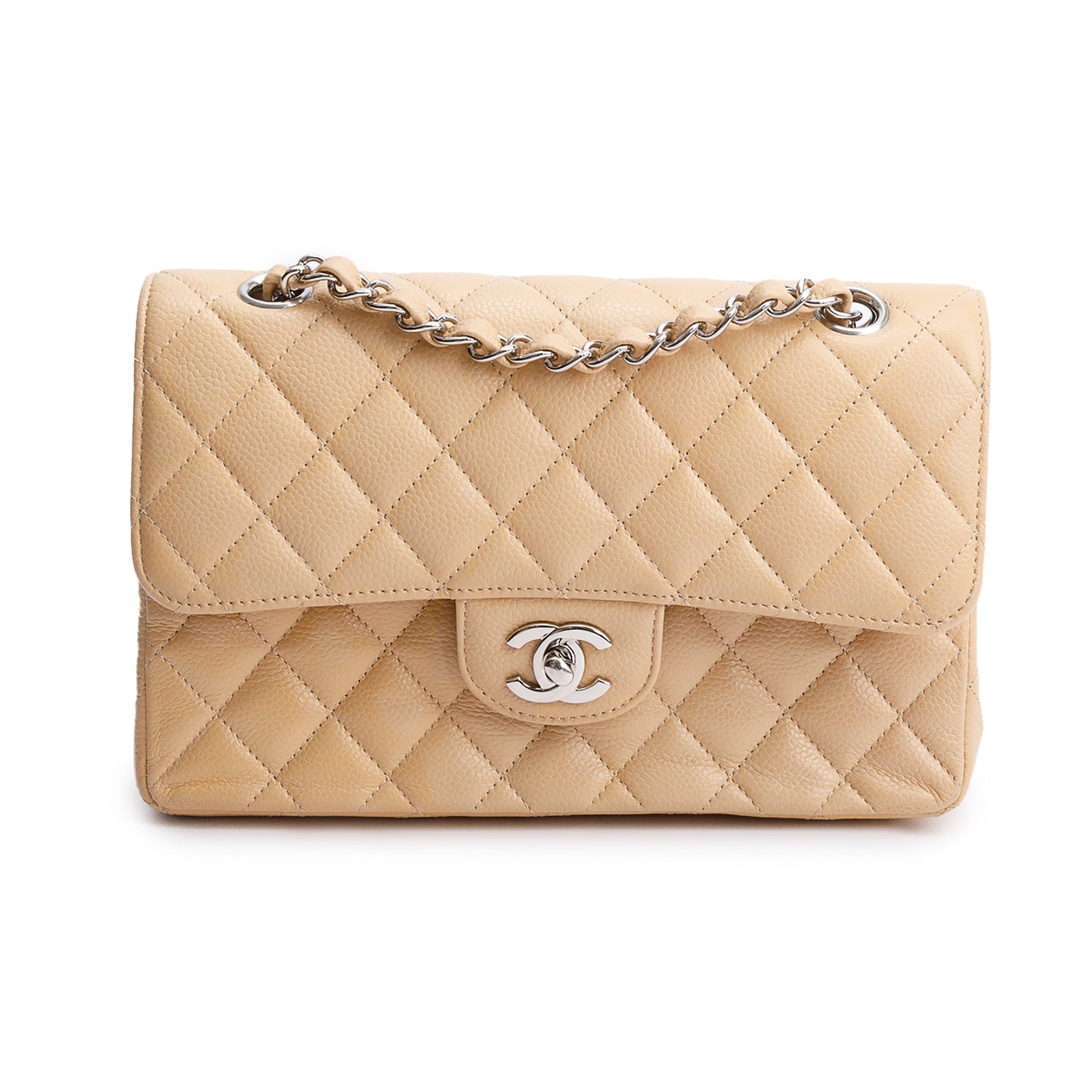 Chanel Quilted Caviar Classic Double Flap Leather Beige Travel Bag Flap Bag