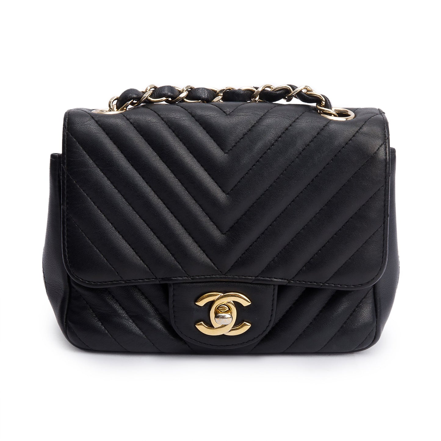 Chanel Chevron Quilted Classic Square Flap Leather Lambskin Black Travel Bag